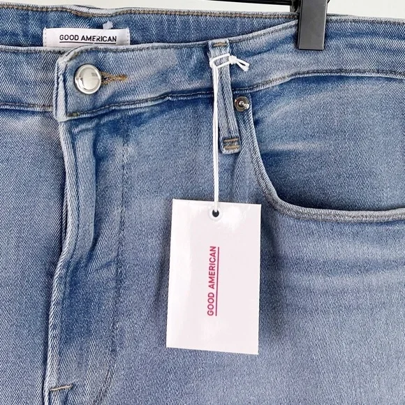 NWT Good American High Rise Fray Hem Bermuda Shorts in Blue459